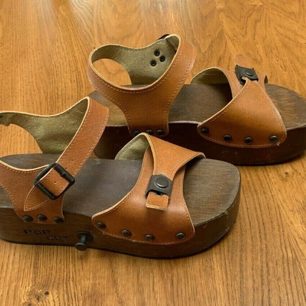 Vintage 70's Pop Out Skate Sandals Wooden Platform - Picture 6 of 8